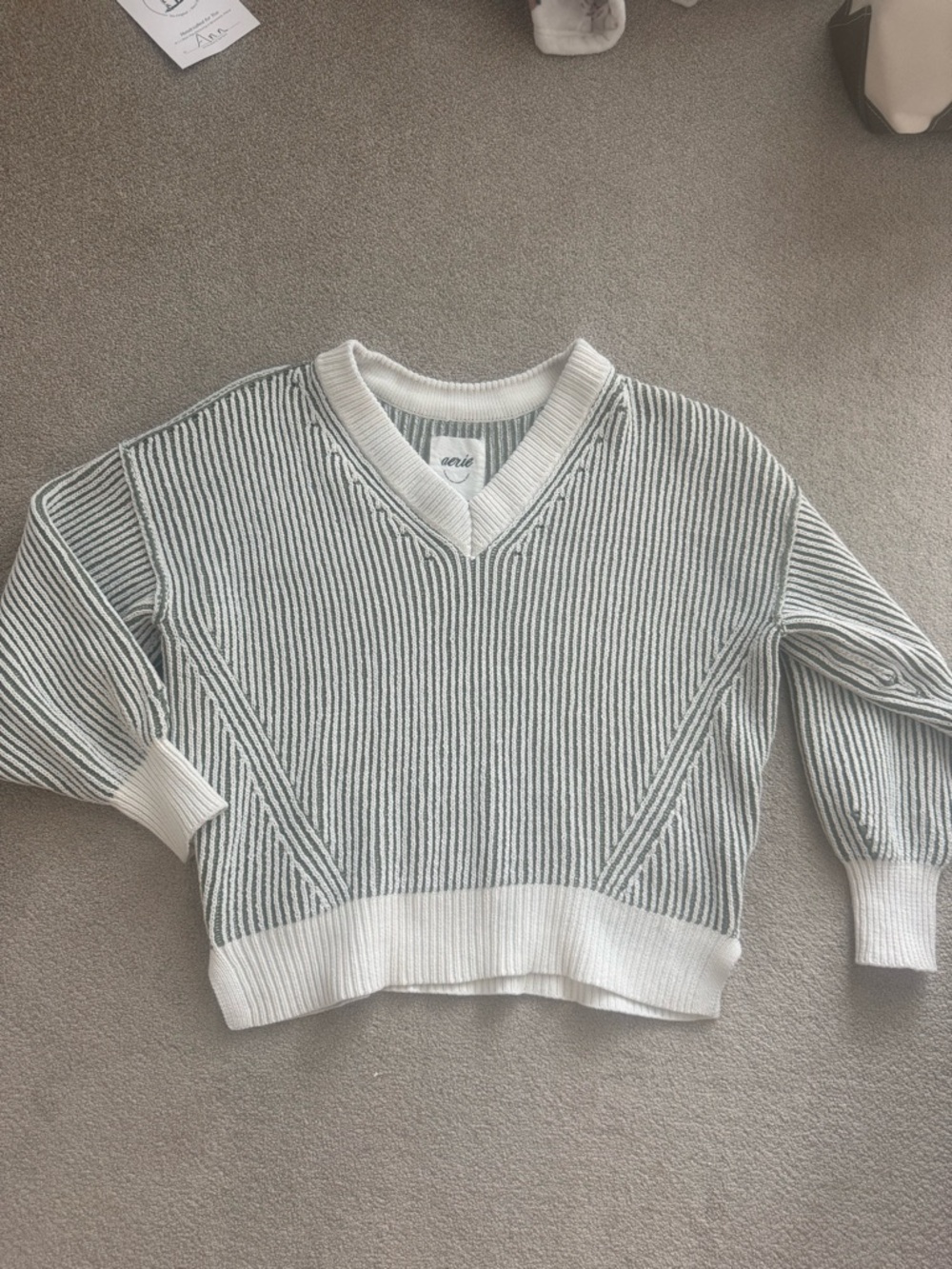 aerie Striped V-Neck Sweater in Green and White